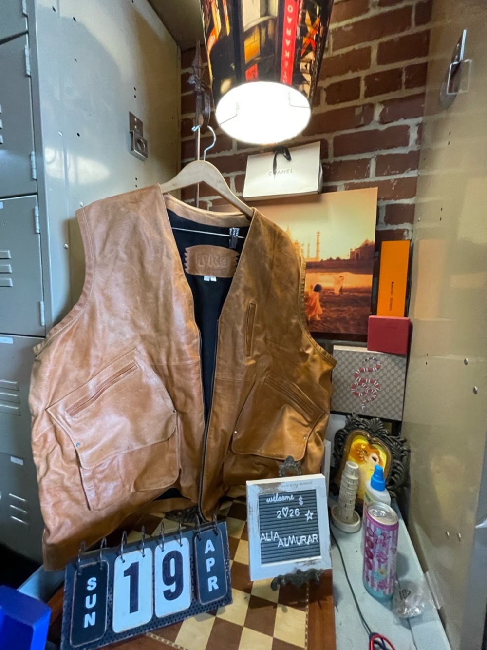vintage brown leather vest is consistent w utility & survival  by the brand TKO